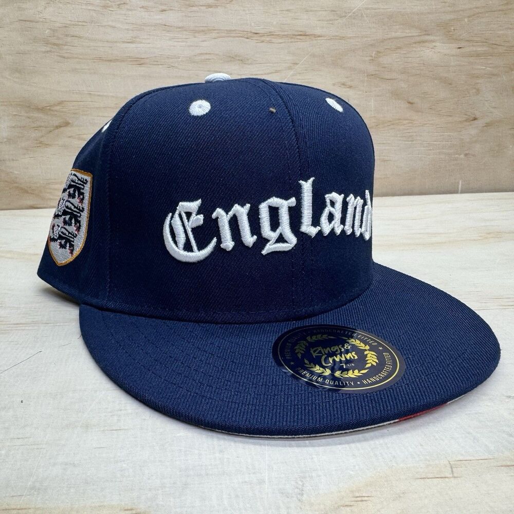 NEW England Rings Crwns Country Pride Three Lions Fitted Cap Hat Blue sz 7 1/8